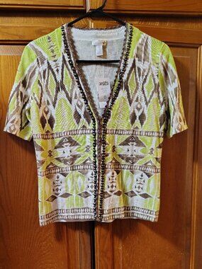 NWT Chicos Tribal Diamond Dabney Cardigan Womens 0 Lemongrass Sequins V Neck